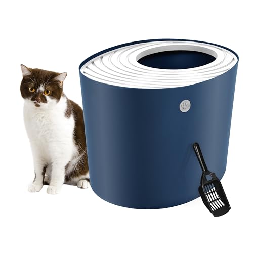 IRIS USA Top Entry Cat Litter Box with Scoop, Navy/White