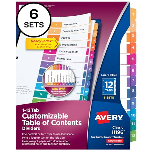 Avery Multicolor 12 Tab Dividers, 6 Sets (11196)