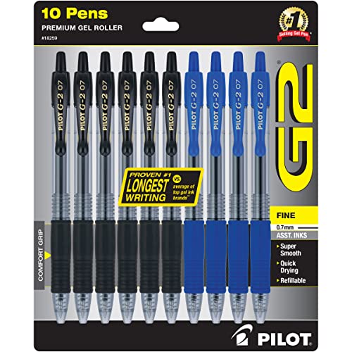 PILOT G2 Gel Pens, 0.7mm Fine Point, Black & Blue, 10 Pack