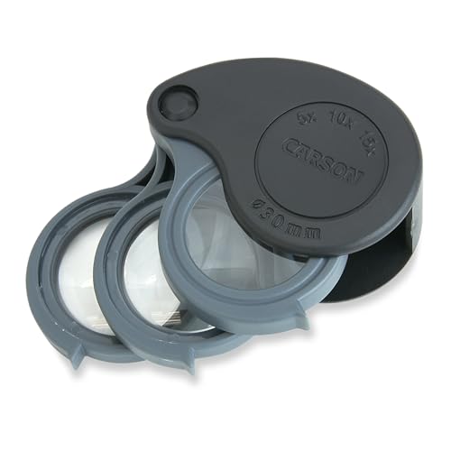 Carson TriView Folding Loupe Magnifier, 5x/10x/15x, Portable Jewelry Tool