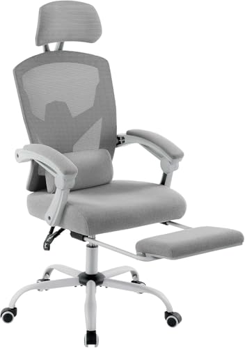 DUMOS Grey Office Chair: High-Back Mesh with Footrest
