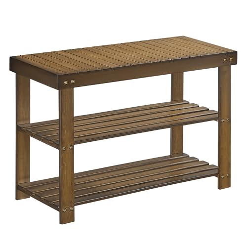 SONGMICS 3-Tier Bamboo Shoe Rack Bench, Yellow Brown