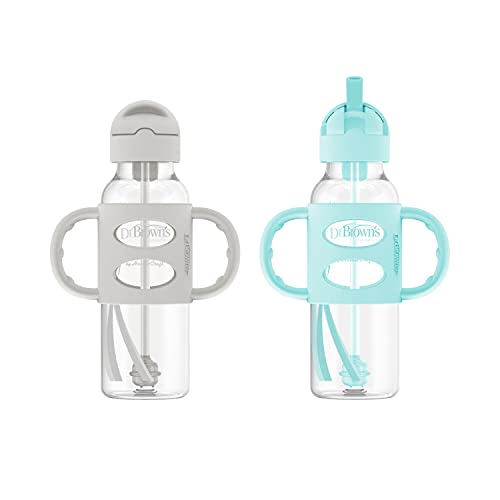 Dr. Brown’s Spill-Proof Sippy Straw Bottle, 8 oz, Gray/Green