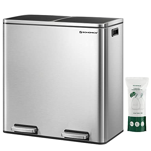 SONGMICS 2-Compartment Trash Can, 16 Gallon, Silver/Black