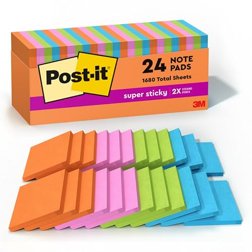 Post-it Super Sticky Notes, 24 Pads, 3″x3″, Energy Boost Collection