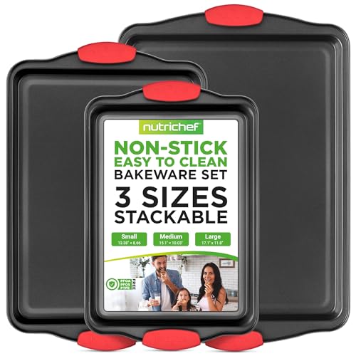 NutriChef 3-Piece Nonstick Baking Pans with Red Silicone Handles