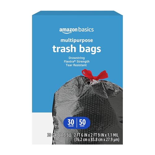 Amazon Basics 30 Gallon Drawstring Trash Bags, 50 Pack