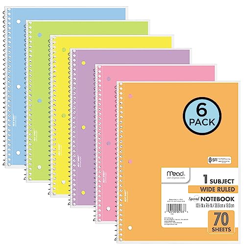 Mead Spiral Notebooks, 6 Pack, Wide Ruled, Assorted Pastels