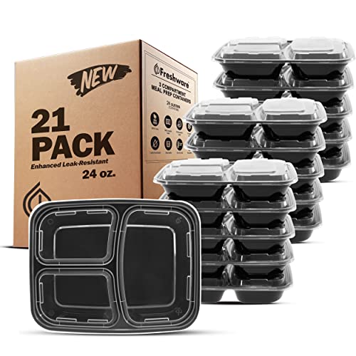 Freshware 3-Compartment Meal Prep Containers, 21 Pack, 24 oz