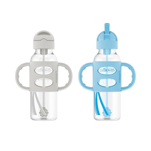 Dr. Brown’s Spill-Proof Sippy Straw Bottle, 8 oz, Gray/Blue