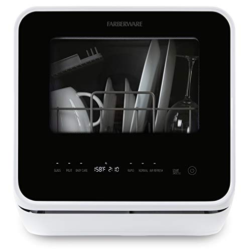 Farberware Portable Countertop Dishwasher with Water Tank, 5 Programs, Black/White