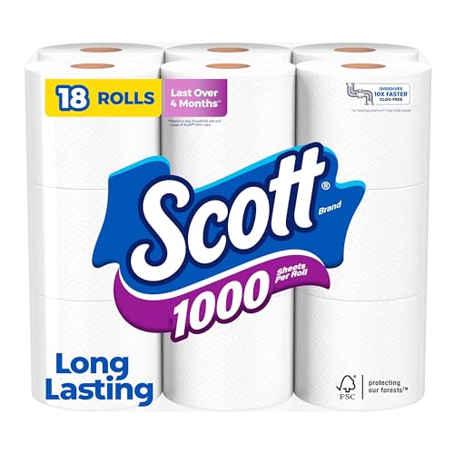 Scott 1000 Toilet Paper, 18 Rolls, Septic-Safe, 1-Ply