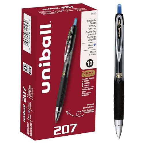 Uni-Ball 207 Gel Pens, 0.5mm, Blue Ink, 12-Pack
