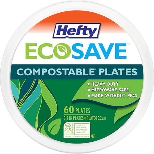 Hefty ECOSAVE Compostable 8.75″ Paper Plates, 60-Pack