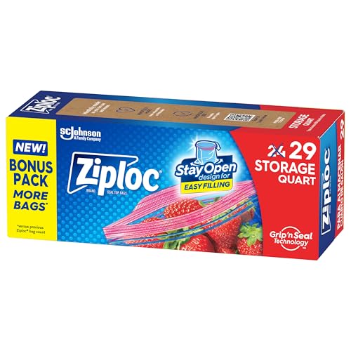 Ziploc Quart Storage Bags, Stand-Up Bottom, Easy to Fill, 29 Count