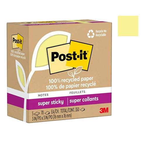 Recycled Super Sticky Notes, Canary Yellow, 3″x3″, 5 Pads