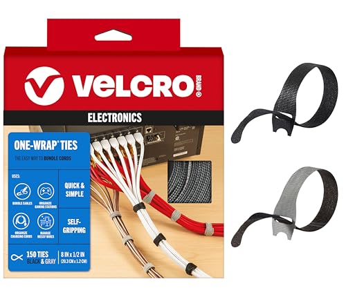VELCRO 150pk Reusable Cable Ties for Cord Management, Black/Gray