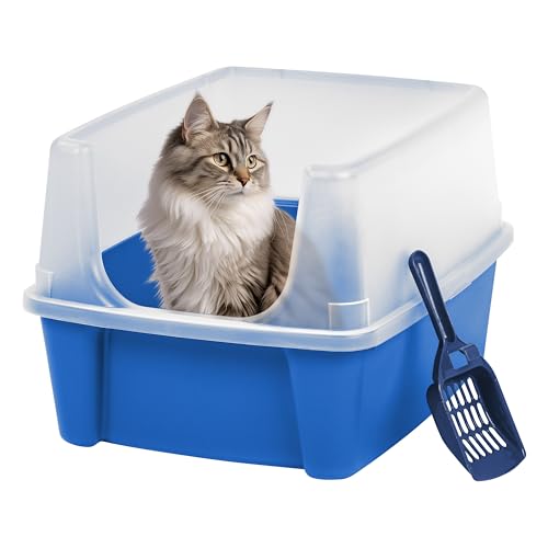 IRIS USA Cat Litter Box with Shield, Scoop, Blue