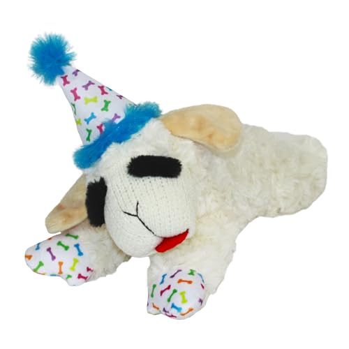 Multipet Lamb Chop Plush Dog Toy – Blue Birthday Hat, 10.5″