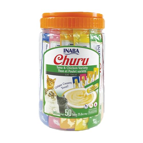 INABA Churu Grain-Free Cat Treats, Tuna & Chicken, 50 Tubes