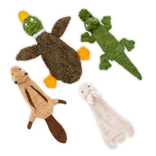 2-in-1 Stuffless Squeaky Dog Toys – 4 Figures, Small