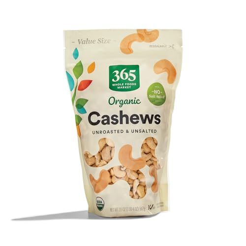 365 by Whole Foods Organic Unroasted Unsalted Cashews, 20 oz