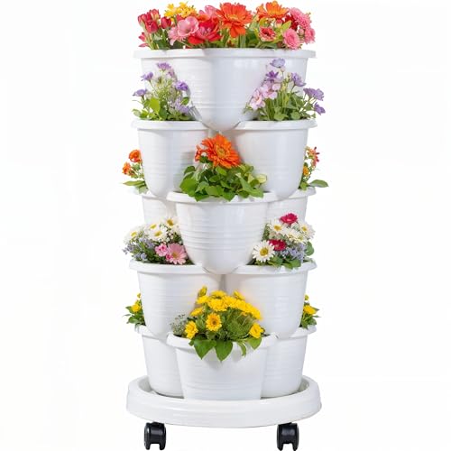 VECELO 5-Tier Self-Watering Stackable Planter with Wheels, White
