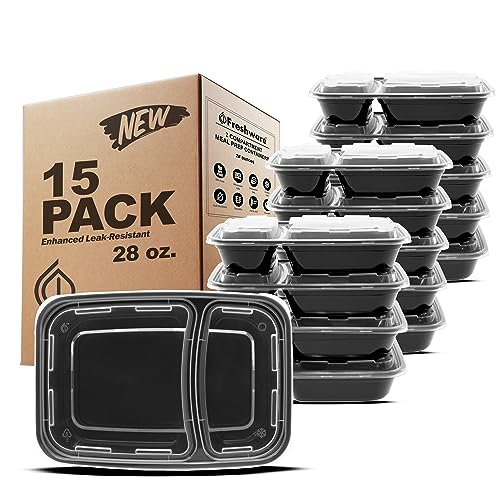 Freshware 2-Compartment Meal Prep Containers, 15 Pack, 28 oz, Black