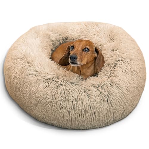 Sheri Calming Donut Pet Bed, Shag Fur, Taupe, Small 23×23