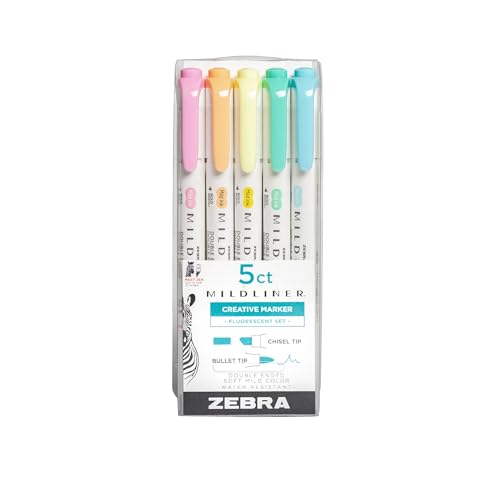 Zebra Mildliner Highlighter Set, Broad/Fine Tips, 5 Fluorescent Colors