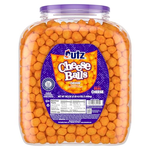 Utz Cheese Balls Barrel, Real Cheddar, Gluten-Free Snack, 36.5 Oz