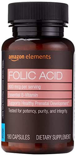 Amazon Elements Folic Acid, 800mcg, 180 Tablets, Prenatal Supplement