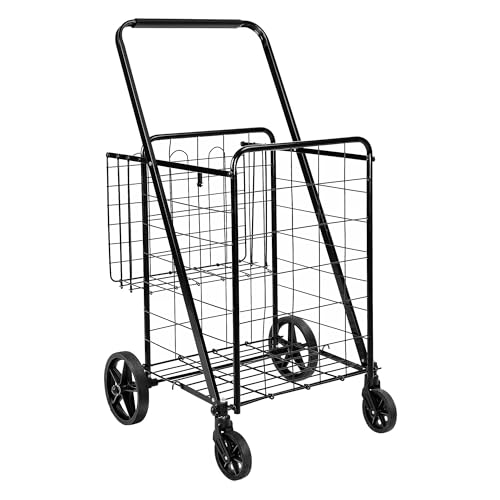 Amazon Basics Foldable X-Large Shopping Cart, 360° Wheels, Black
