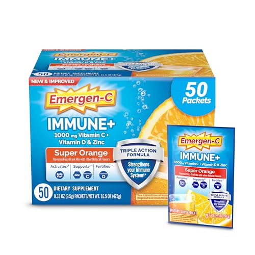 Emergen-C Immune+ Powder, Vitamin C & D, Super Orange, 50 Count