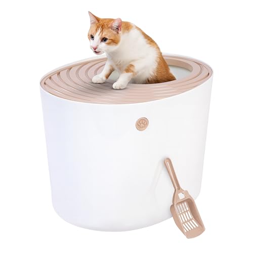 IRIS USA Large Top Entry Cat Litter Box, Beige/White