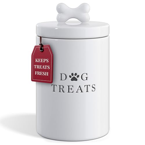 Rustic Ceramic Dog Treat Jar, Airtight Lid (White)