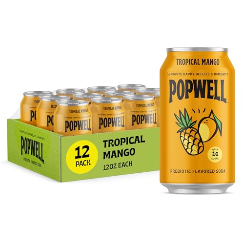 Popwell Tropical Mango Prebiotic Soda, 12-Pack, 12 oz Cans