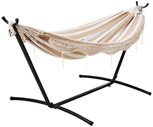 Amazon Basics Double Hammock with Stand, 450 lb Capacity, Beige Stripe