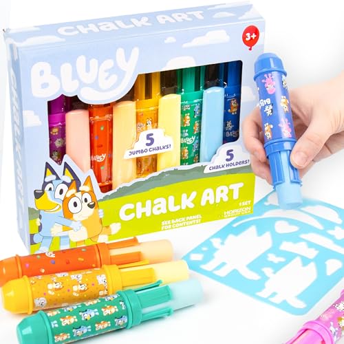 Bluey Sidewalk Chalk Set: 5-Pack with Holders & Stencil