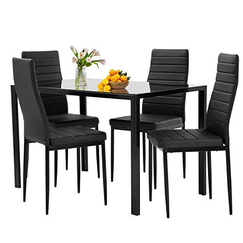 5-Piece Glass Dining Set with 4 Upholstered Chairs, Black