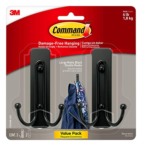 Command Large Black Wall Hooks, 2-Pack, No Tools Needed, 4 lb Capacity