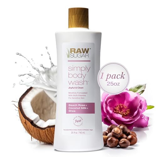 RAW SUGAR Beach Rose Body Wash, 25 Fl Oz, Sulfate-Free