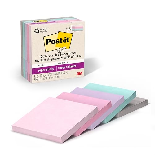 Recycled Super Sticky Notes, 3×3 in, 5 Pads, Wanderlust Pastels