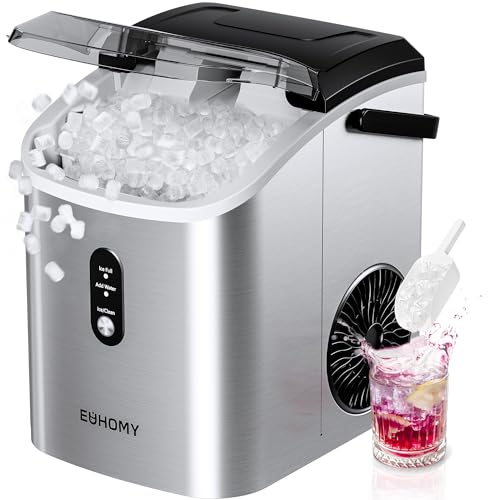 EUHOMY Portable Nugget Ice Maker, 34lbs/Day, Auto-Cleaning, Silver