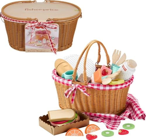 Fisher-Price Wooden Picnic Basket Playset, 31 Pieces, Ages 3+