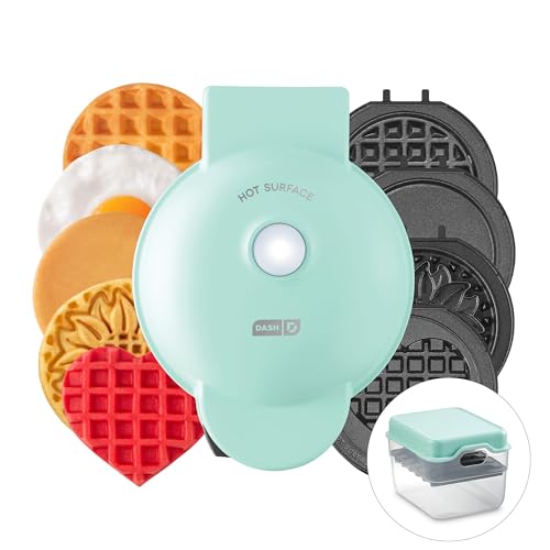 DASH 4-in-1 Mini Waffle Maker with Storage Case (Aqua)