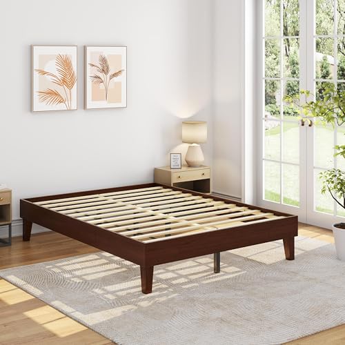 Yaheetech Queen Platform Bed Frame, Solid Wood, Dark Walnut Finish