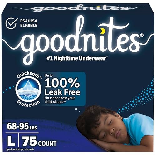 Goodnites Boys’ Nighttime Underwear, Large, 75 Ct