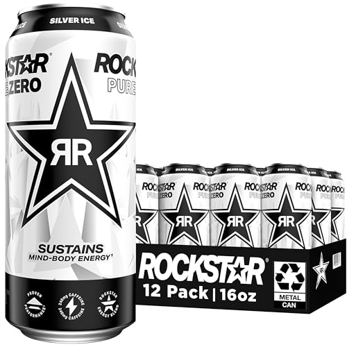 Rockstar Pure Zero Silver Ice Energy Drink, 0 Sugar, 16oz, 12-Pack