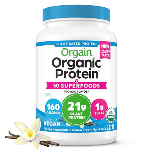 Orgain Vegan Protein Powder, Vanilla Bean – 21g, Gluten-Free, 2.02 lb